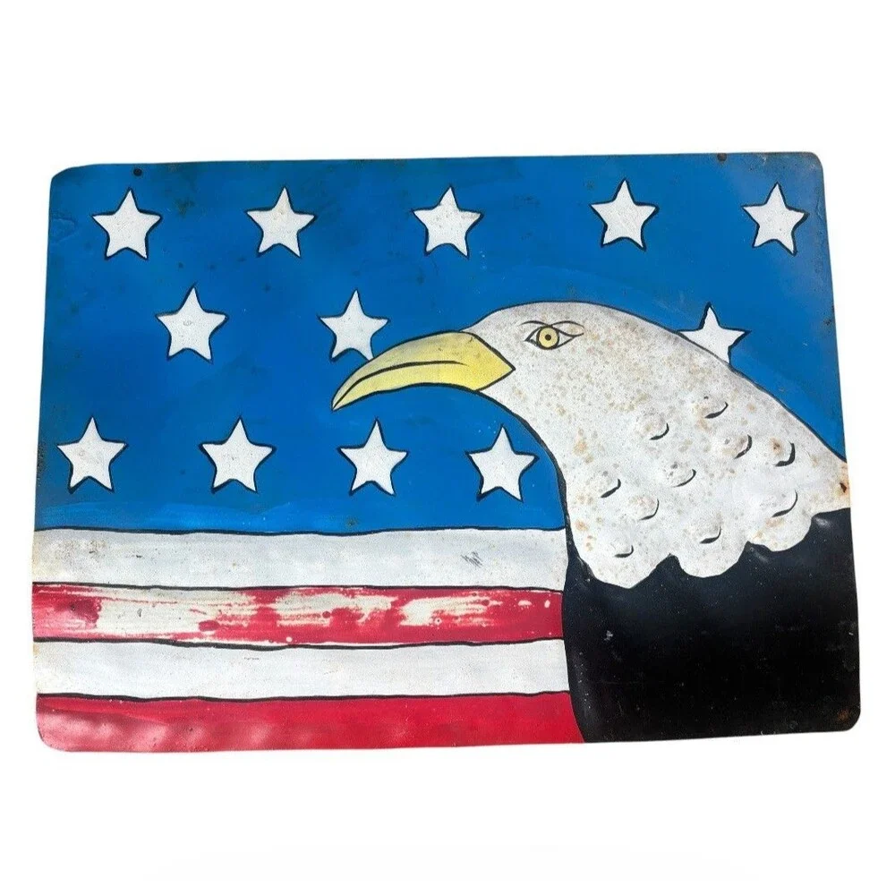 Hand Painted Metal American Flag Bald Eagle Sign Folk Art Wall Decor 10